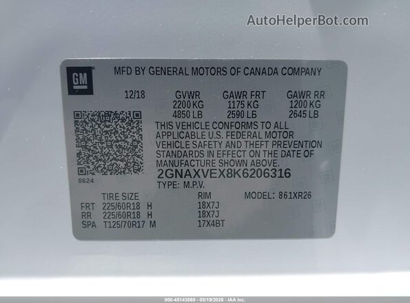 2GNAXVEX8K6206316 2019 CHEVROLET EQUINOX White 