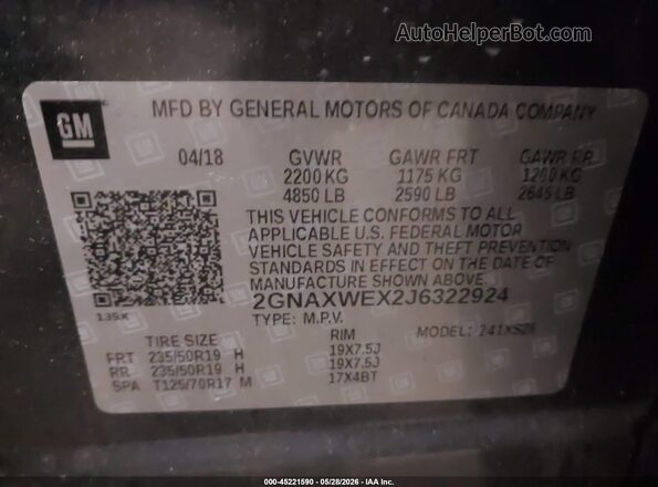 2GNAXWEX2J6322924 2018 CHEVROLET EQUINOX Gray Vista del compartimento del motor