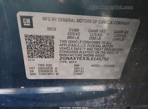2GNAXYEX3L6145752 2020 CHEVROLET EQUINOX Синий Вид подкапотного пространства