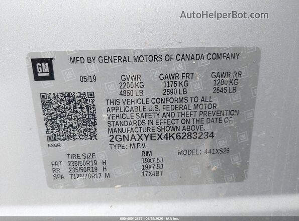 2GNAXYEX4K6283234 2019 CHEVROLET EQUINOX Silver Vista del compartimento del motor