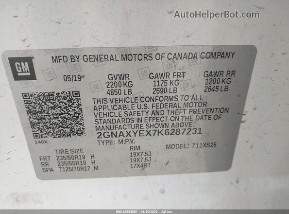 2GNAXYEX7K6287231 2019 CHEVROLET EQUINOX Белый 