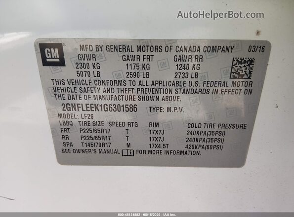 2GNFLEEK1G6301586 2016 CHEVROLET EQUINOX White Vista del compartimento del motor