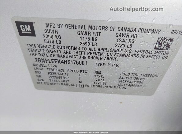 2GNFLEEK4H6175001 2017 CHEVROLET EQUINOX Silver Vista del compartimento del motor