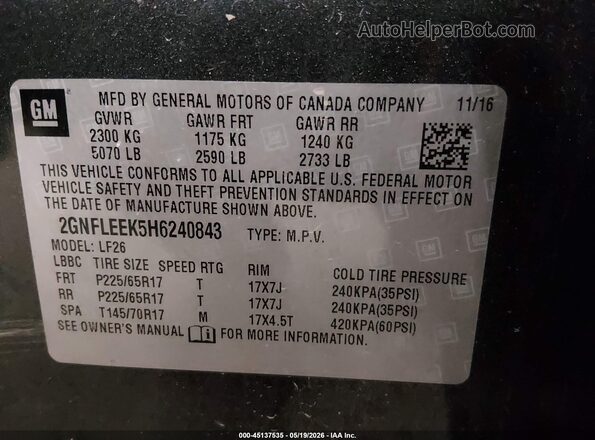 2GNFLEEK5H6240843 2017 CHEVROLET EQUINOX Gray Շարժիչի բաժամունքի տեսք