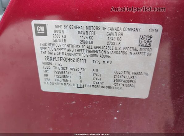 2GNFLFEK0H6218111 2017 CHEVROLET EQUINOX Red 