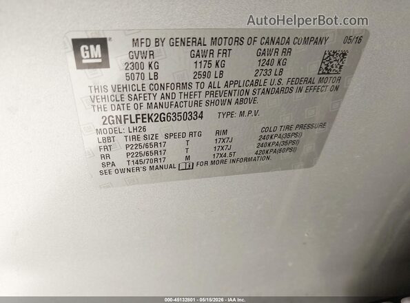 2GNFLFEK2G6350334 2016 CHEVROLET EQUINOX Silver 
