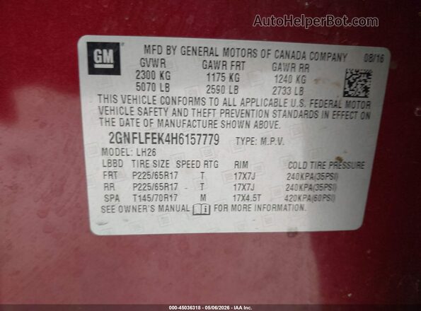 2GNFLFEK4H6157779 2017 CHEVROLET EQUINOX Red 