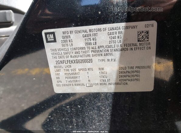 2GNFLFEKXG6266620 2016 CHEVROLET EQUINOX Black 