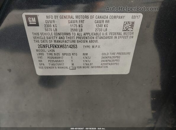 2GNFLFEKXH6314263 2017 CHEVROLET EQUINOX Gray Widok komory silnika