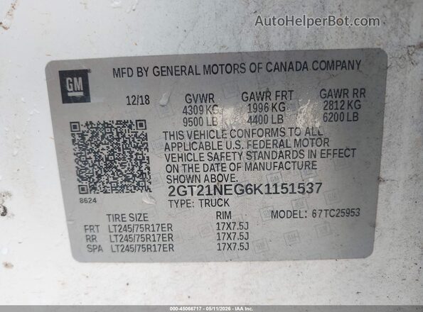 2GT21NEG6K1151537 2019 GMC SIERRA White Շարժիչի բաժամունքի տեսք