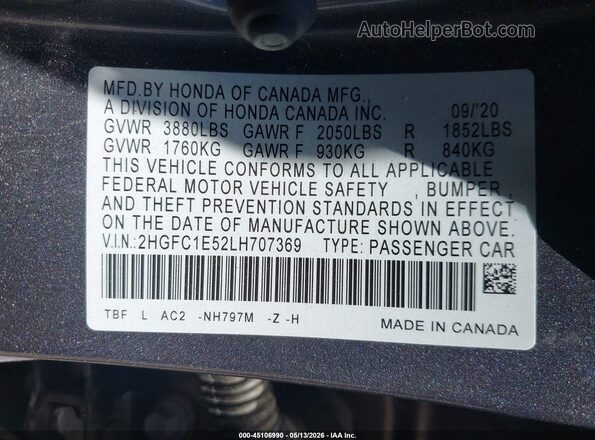 2HGFC1E52LH707369 2020 HONDA CIVIC Gray Vista del compartimento del motor