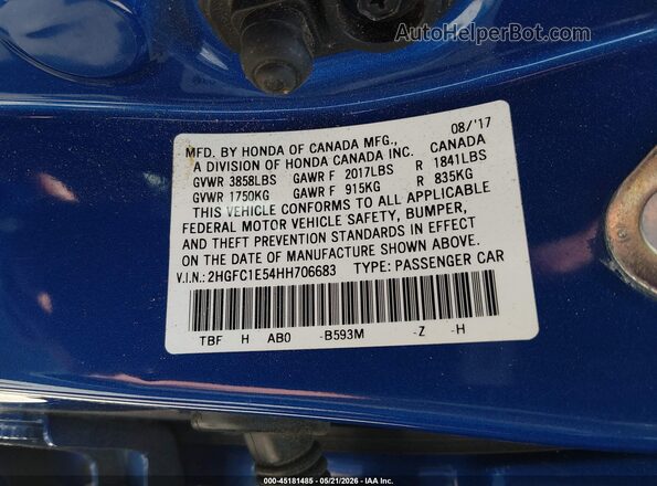 2HGFC1E54HH706683 2017 HONDA CIVIC Blue Vista del compartimento del motor