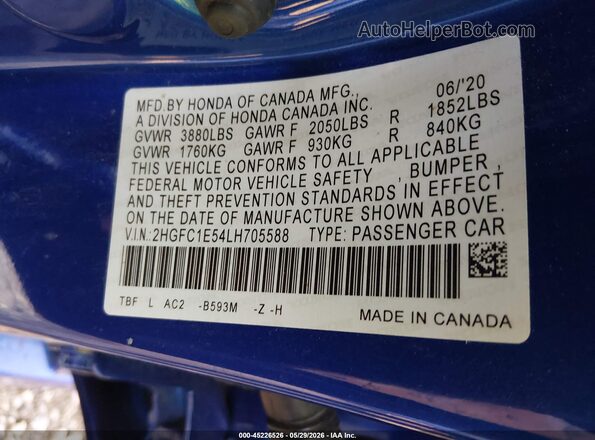2HGFC1E54LH705588 2020 HONDA CIVIC Blue Engine compartment view