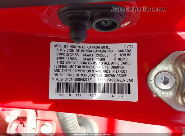 2HGFC1F30GH632271 2016 HONDA CIVIC Red Շարժիչի բաժամունքի տեսք