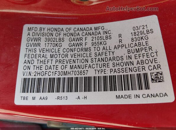 2HGFC1F30MH703657 2021 HONDA CIVIC Red Vista del compartimento del motor