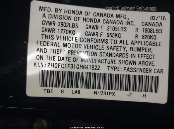2HGFC1F31GH641822 2016 HONDA CIVIC Black Widok komory silnika