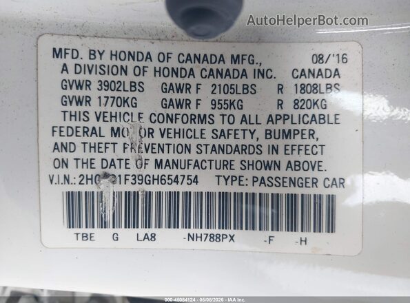 2HGFC1F39GH654754 2016 HONDA CIVIC White 