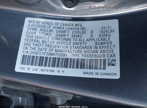 2HGFC1F39MH703091 2021 HONDA CIVIC Gray ძრავის განყოფილების ხედი
