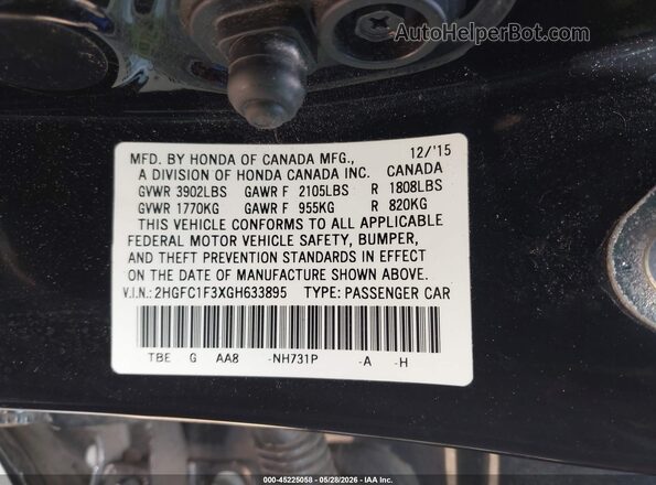 2HGFC1F3XGH633895 2016 HONDA CIVIC Черный Вид подкапотного пространства