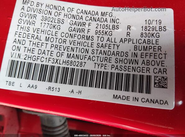 2HGFC1F3XLH680287 2020 HONDA CIVIC Red Engine compartment view