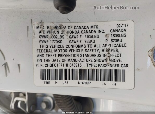 2HGFC1F71HH643915 2017 HONDA CIVIC White Вид підкапотного простору