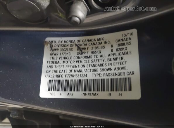 2HGFC1F72HH631224 2017 HONDA CIVIC Gray Вид підкапотного простору