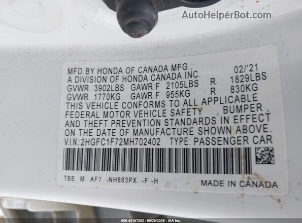 2HGFC1F72MH702402 2021 HONDA CIVIC White 
