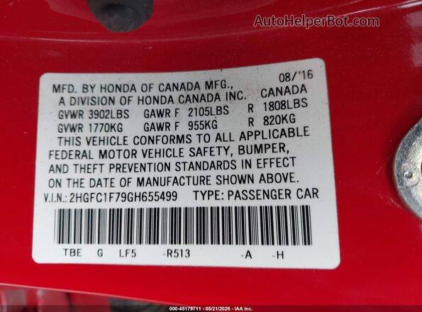 2HGFC1F79GH655499 2016 HONDA CIVIC Red Widok komory silnika