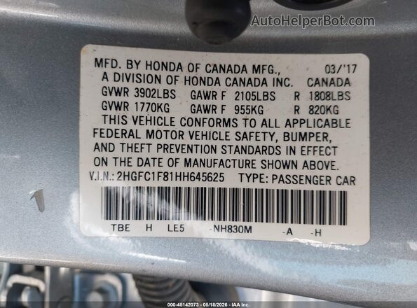 2HGFC1F81HH645625 2017 HONDA CIVIC Silver Շարժիչի բաժամունքի տեսք