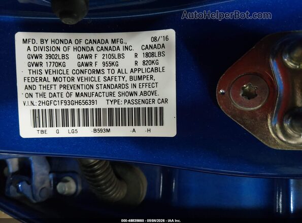 2HGFC1F93GH656391 2016 HONDA CIVIC  Vista del compartimento del motor