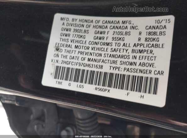 2HGFC1F97GH631638 2016 HONDA CIVIC Black Engine compartment view