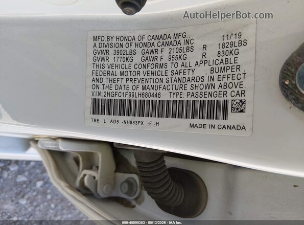 2HGFC1F99LH680446 2020 HONDA CIVIC White Widok komory silnika
