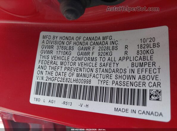 2HGFC2E82LH600998 2020 HONDA CIVIC Red Engine compartment view