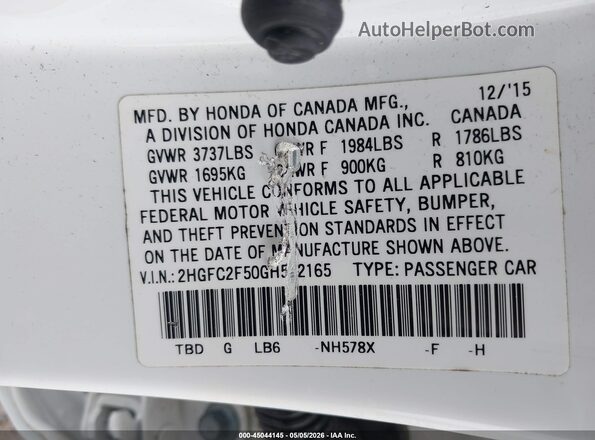 2HGFC2F50GH522165 2016 HONDA CIVIC Белый Вид подкапотного пространства