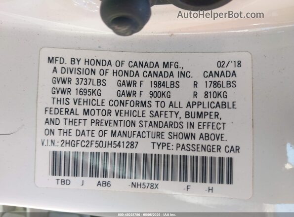 2HGFC2F50JH541287 2018 HONDA CIVIC White Widok komory silnika