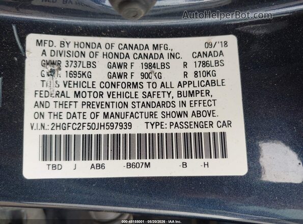 2HGFC2F50JH597939 2018 HONDA CIVIC Blue Widok komory silnika