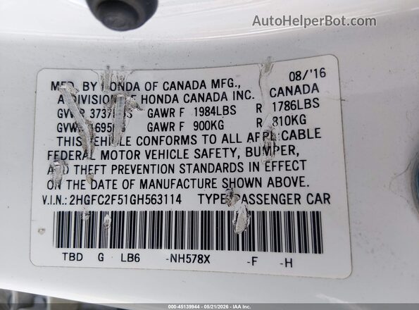 2HGFC2F51GH563114 2016 HONDA CIVIC White Vista del compartimento del motor