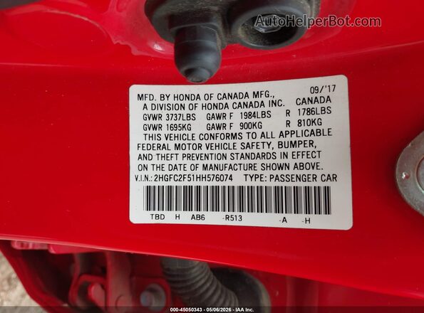 2HGFC2F51HH576074 2017 HONDA CIVIC Red Вид підкапотного простору