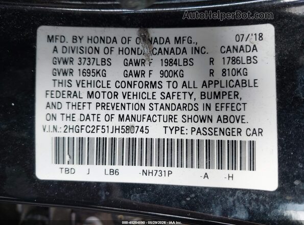 2HGFC2F51JH580745 2018 HONDA CIVIC Black 