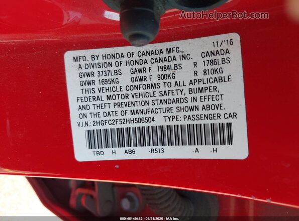 2HGFC2F52HH506504 2017 HONDA CIVIC Красный Вид подкапотного пространства
