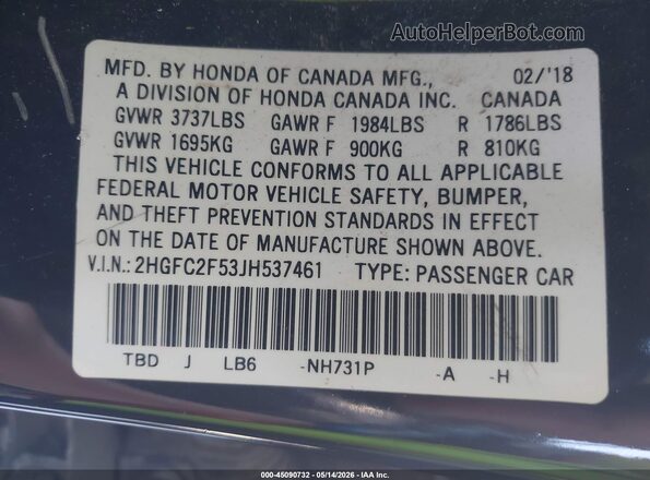 2HGFC2F53JH537461 2018 HONDA CIVIC Black Vista del compartimento del motor