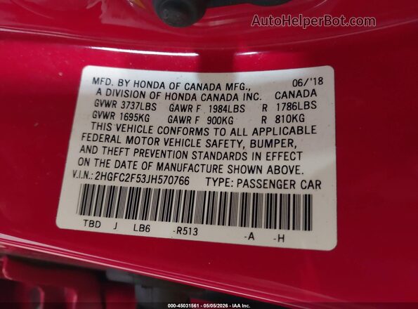 2HGFC2F53JH570766 2018 HONDA CIVIC Red Widok komory silnika