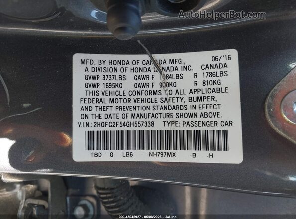 2HGFC2F54GH557338 2016 HONDA CIVIC Gray Widok komory silnika