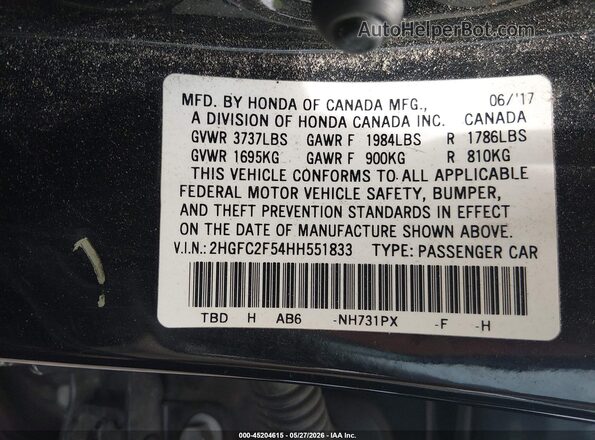 2HGFC2F54HH551833 2017 HONDA CIVIC Black Вид підкапотного простору