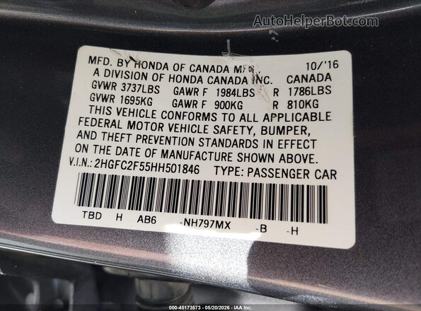 2HGFC2F55HH501846 2017 HONDA CIVIC Gray Շարժիչի բաժամունքի տեսք
