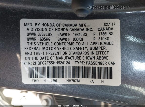 2HGFC2F55HH524124 2017 HONDA CIVIC Gray Vista del compartimento del motor
