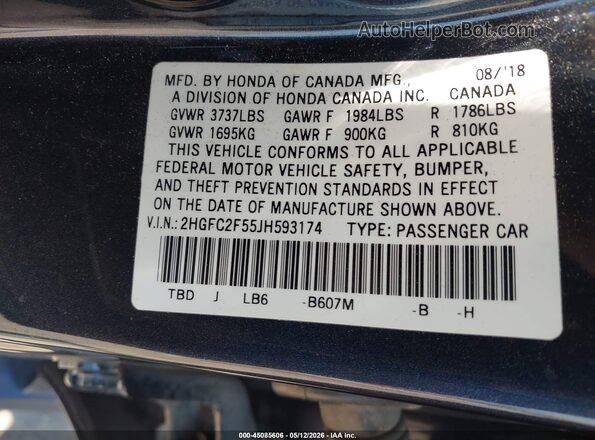 2HGFC2F55JH593174 2018 HONDA CIVIC Black Engine compartment view