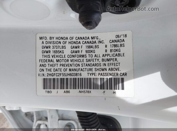 2HGFC2F55JH603816 2018 HONDA CIVIC White Vista del compartimento del motor