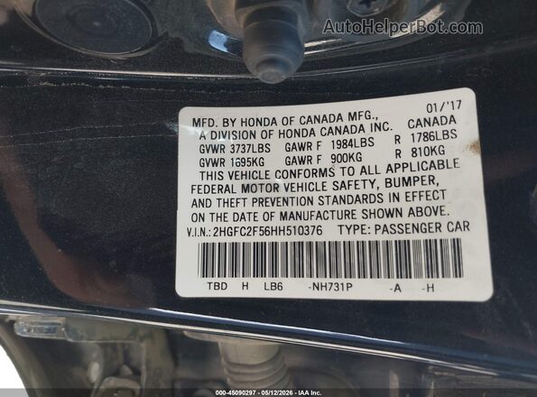 2HGFC2F56HH510376 2017 HONDA CIVIC Black Vista del compartimento del motor