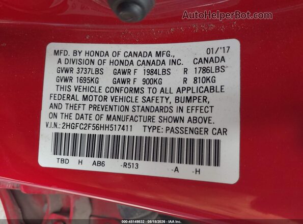 2HGFC2F56HH517411 2017 HONDA CIVIC Red Engine compartment view